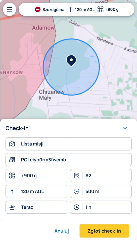 Widok składania check-inu w aplikacji "DroneTower"