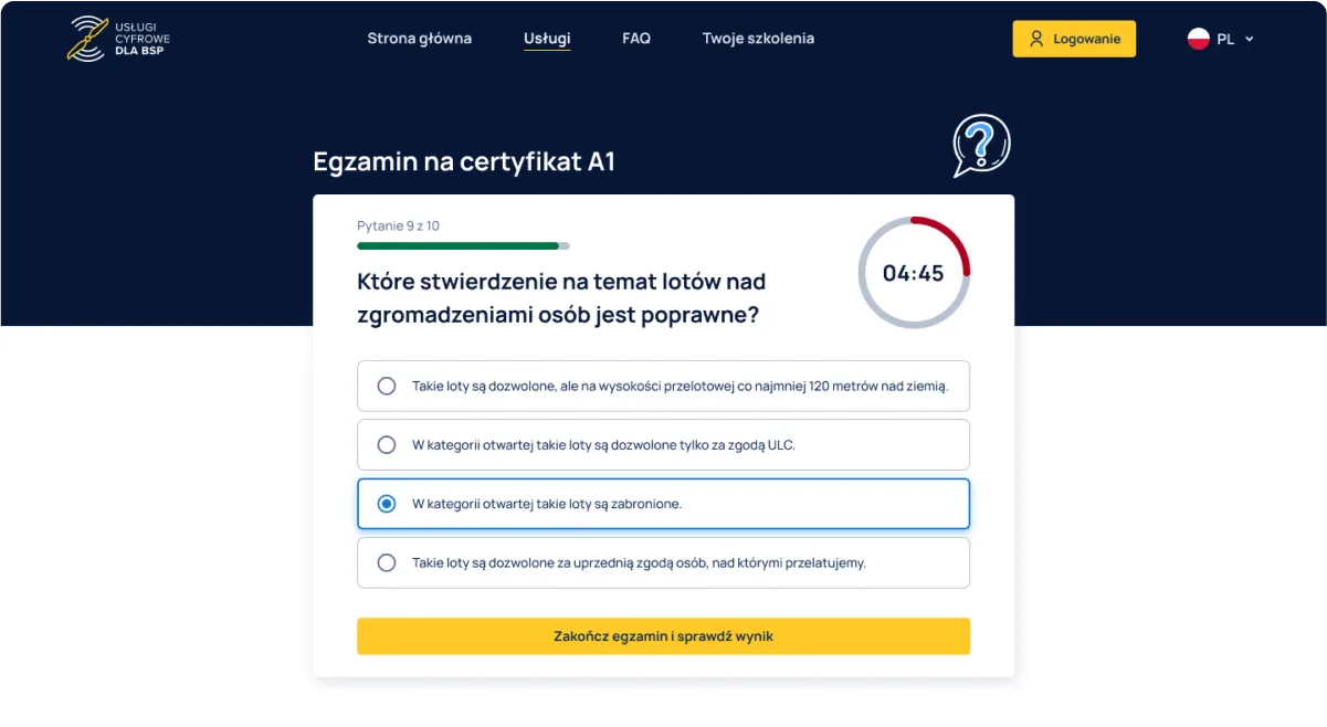 Widok przykładowego egzaminu na platformie e-Learning