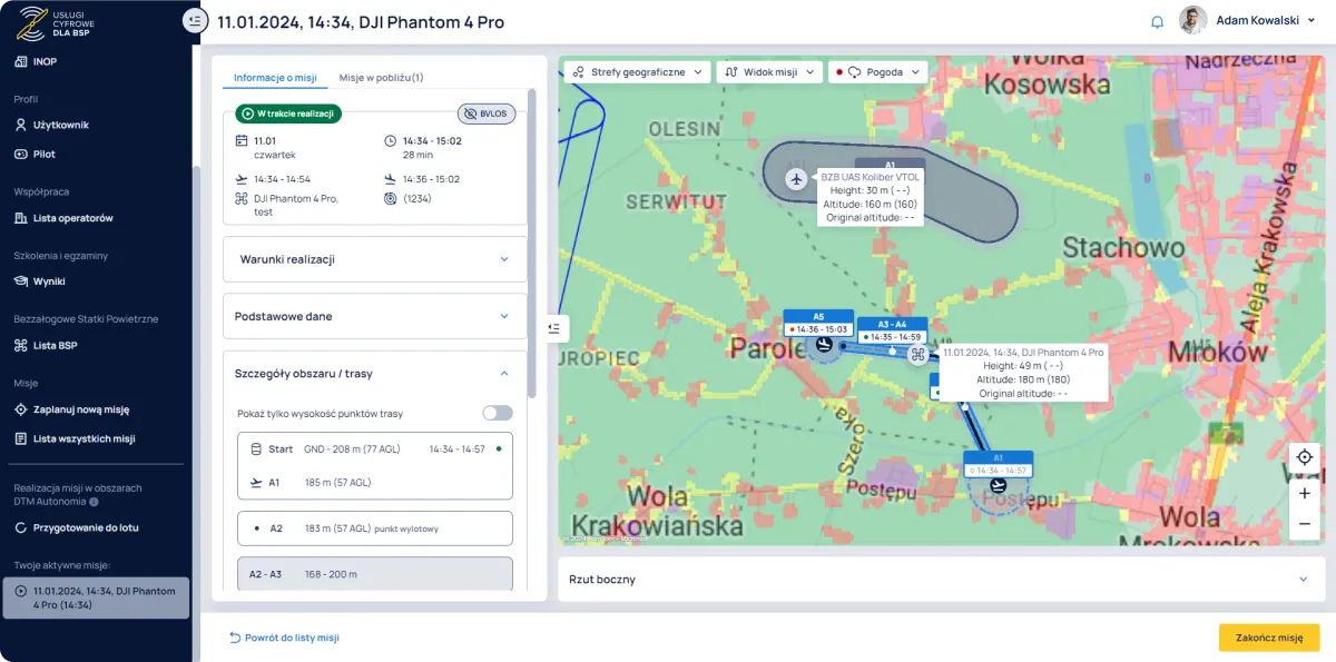 Widok aktywnej misji  w aplikacji "DTM Autonomia - Trzy Obszary"